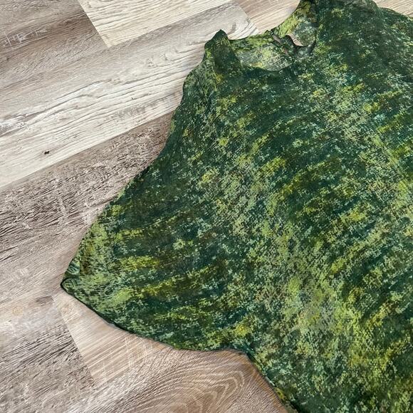 YAVI Green Silk Tunic Dress Abstract Print Sheer Oversized Goblincore - Picture 2 of 8